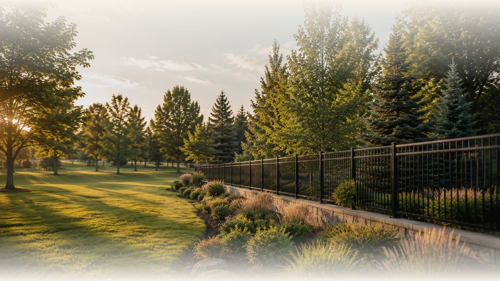 Black aluminum flat-top fence running along a wooded property line, installed by FenceWorks of Georgia