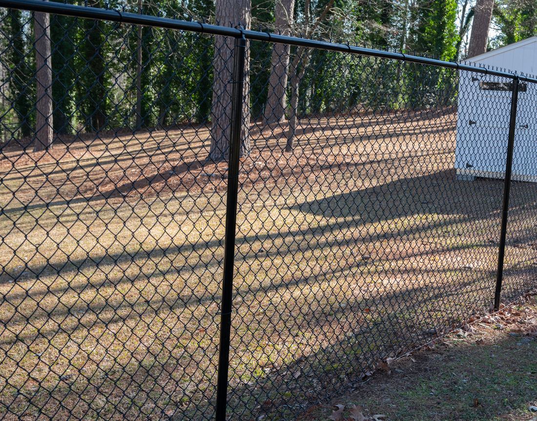 Black vinyl-coated chain-link fence enclosing a backyard