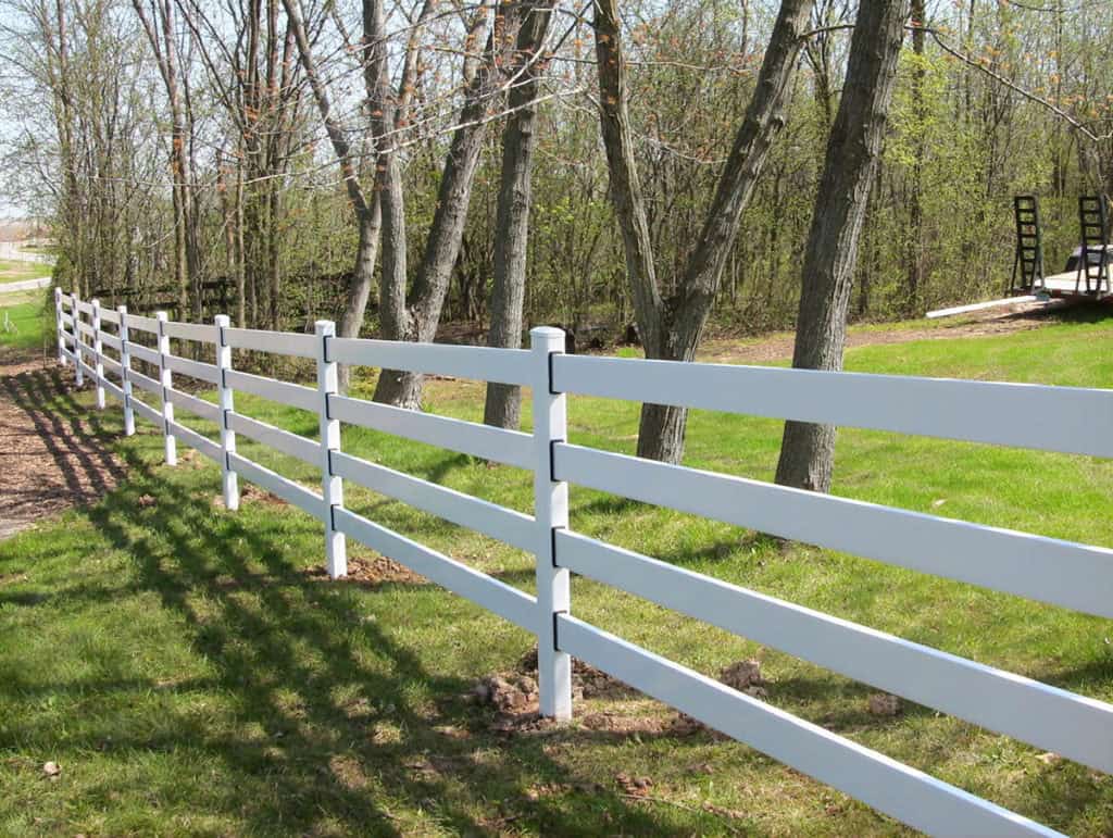 White four-rail Buckley steel board horse fence