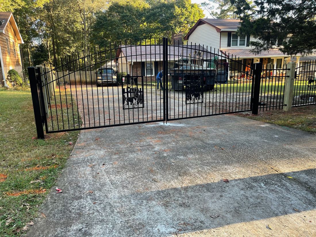 Steel double drive gate custom logo