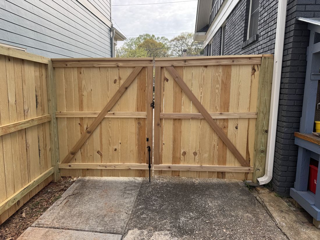 Wood capped privacy double gate inside