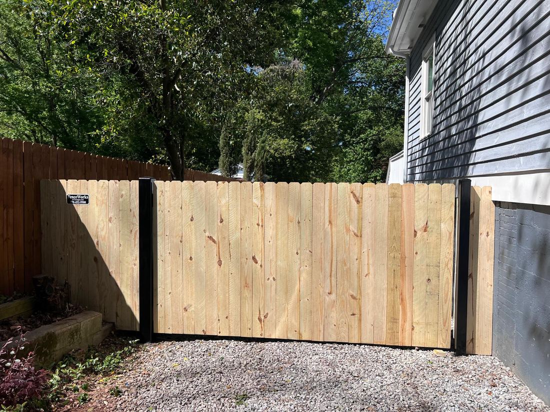 Dog-ear wood privacy driveway gate